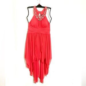 Formal dress size 15, coral, high-low, jeweled neckline